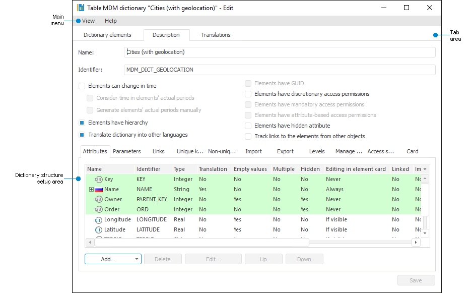 MDM Dictionary Opened for Structure Setup