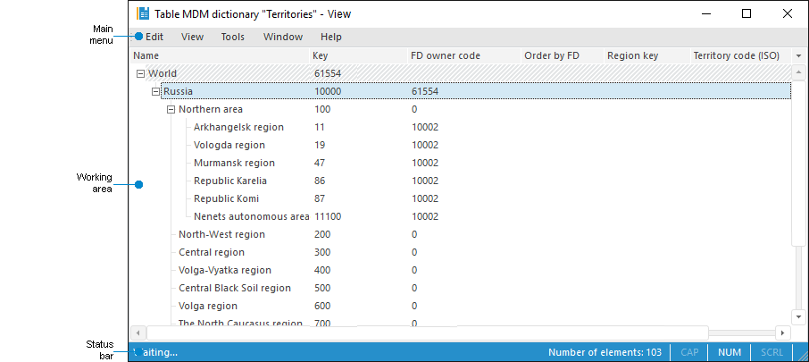 Table MDM dictionary opened for view