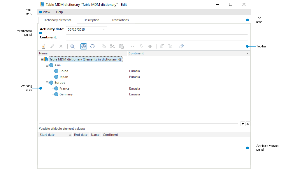 Table MDM Dictionary Opened for Working with Elements