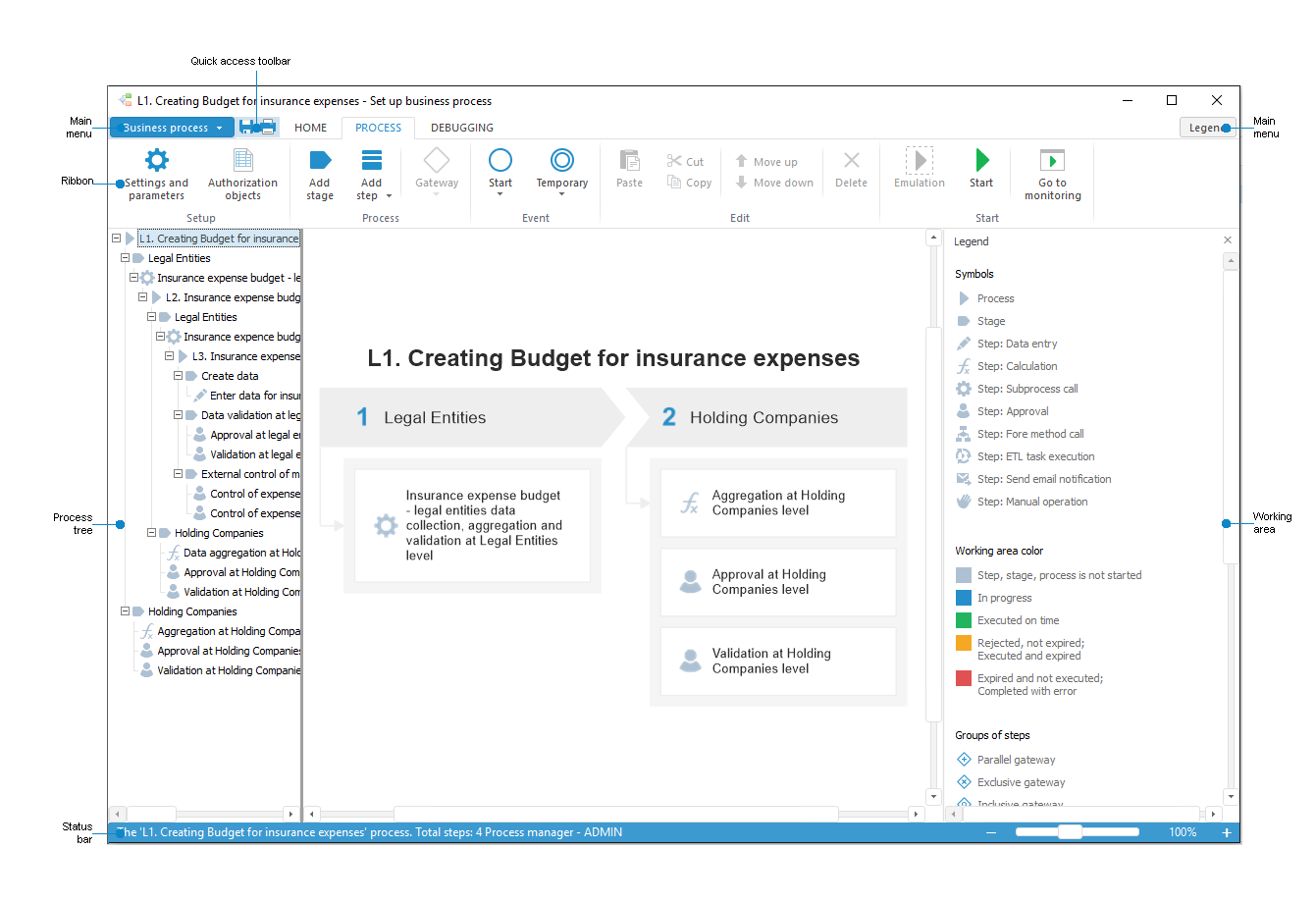 Business process setup in the desktop application